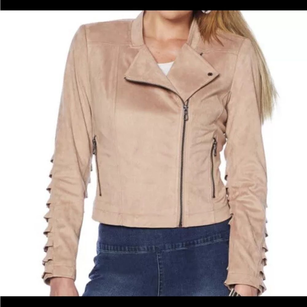 G By Giuliana tan beige Faux Suede Moto western ruffle crop Jacket Size 14